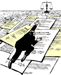 Cartoon Man Climbing on legal documents towards Justice Scale
